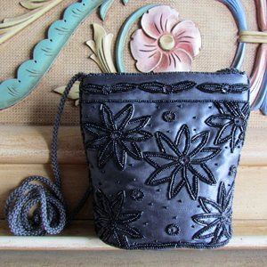 EVENING BAG, BEADED ROARING 20s FLAPPER STYLE SHOULDER BAG, SLATE GRAY-BLUE